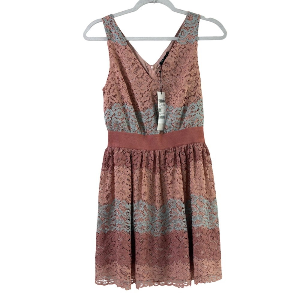 Sisley Lace Fit and Flare Dress Womens 4 Pink Blue V-Neck Sleeveless Colorblock